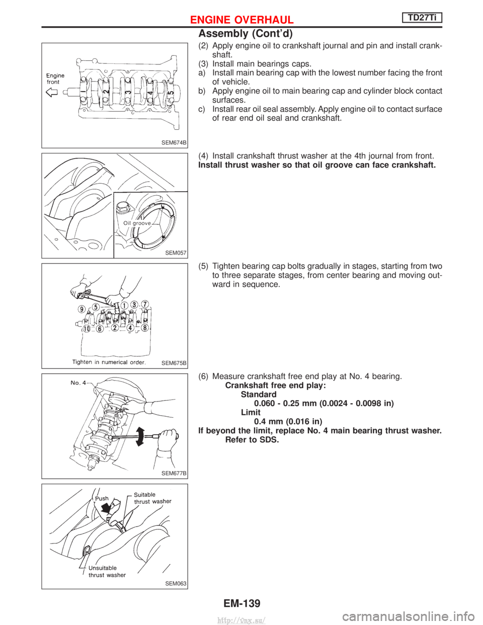 NISSAN TERRANO 2004  Service Repair Manual (2) Apply engine oil to crankshaft journal and pin and install crank-shaft.
(3) Install main bearings caps.
a) Install main bearing cap with the lowest number facing the front of vehicle.
b) Apply eng