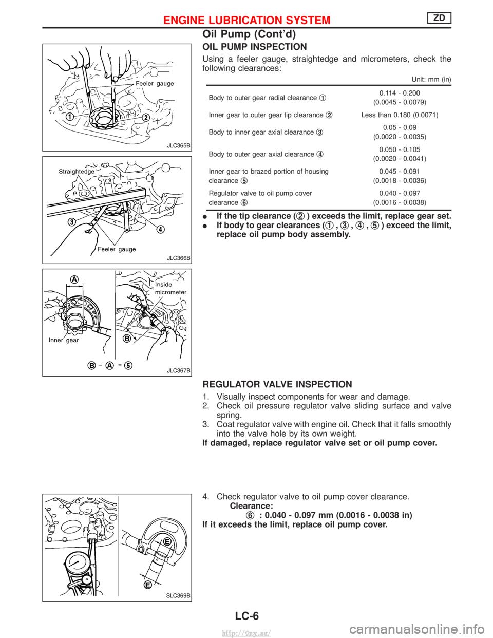 NISSAN TERRANO 2004 Service Repair Manual OIL PUMP INSPECTION
Using a feeler gauge, straightedge and micrometers, check the
following clearances:
Unit: mm (in)
Body to outer gear radial clearanceq10.114 - 0.200
(0.0045 - 0.0079)
Inner gear to NISSAN TERRANO 2004 Service Repair Manual OIL PUMP INSPECTION
Using a feeler gauge, straightedge and micrometers, check the
following clearances:
Unit: mm (in)
Body to outer gear radial clearanceq10.114 - 0.200
(0.0045 - 0.0079)
Inner gear to
