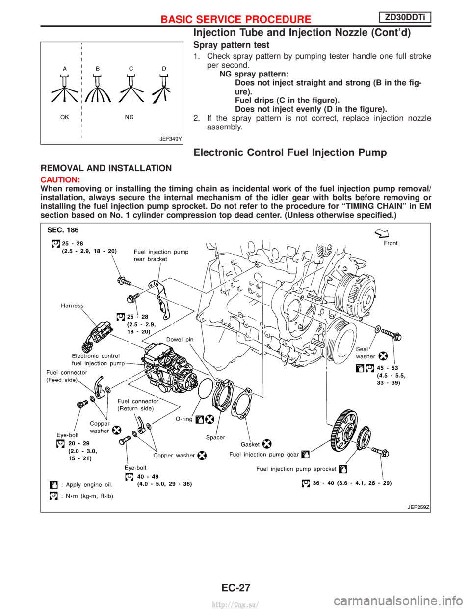 NISSAN TERRANO 2004  Service Repair Manual Spray pattern test
1. Check spray pattern by pumping tester handle one full strokeper second.NG spray pattern: Does not inject straight and strong (B in the fig-
ure).
Fuel drips (C in the figure).
Do