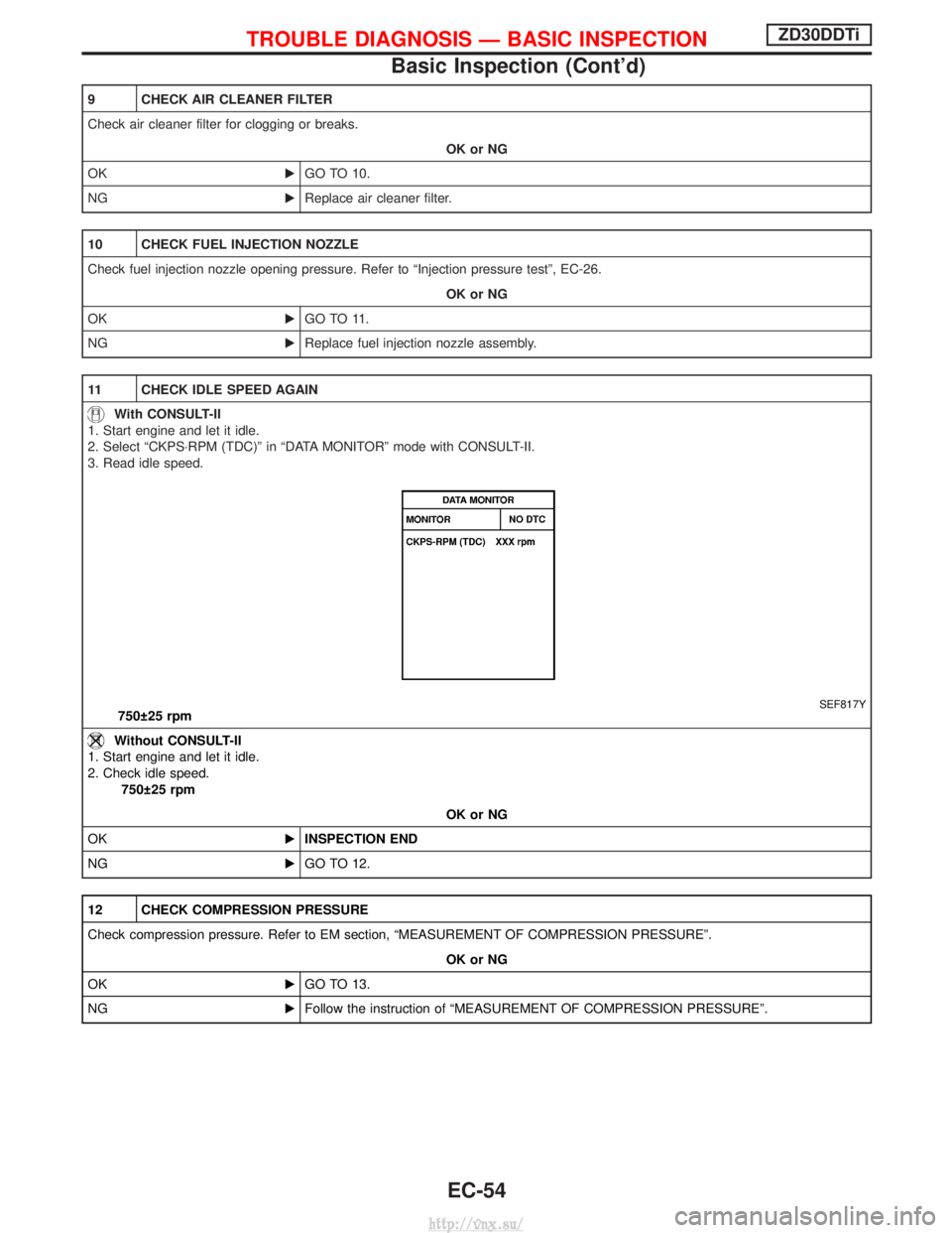 NISSAN TERRANO 2004  Service Repair Manual 9 CHECK AIR CLEANER FILTER
Check air cleaner filter for clogging or breaks.OK or NG
OK EGO TO 10.
NG EReplace air cleaner filter.
10 CHECK FUEL INJECTION NOZZLE
Check fuel injection nozzle opening pre