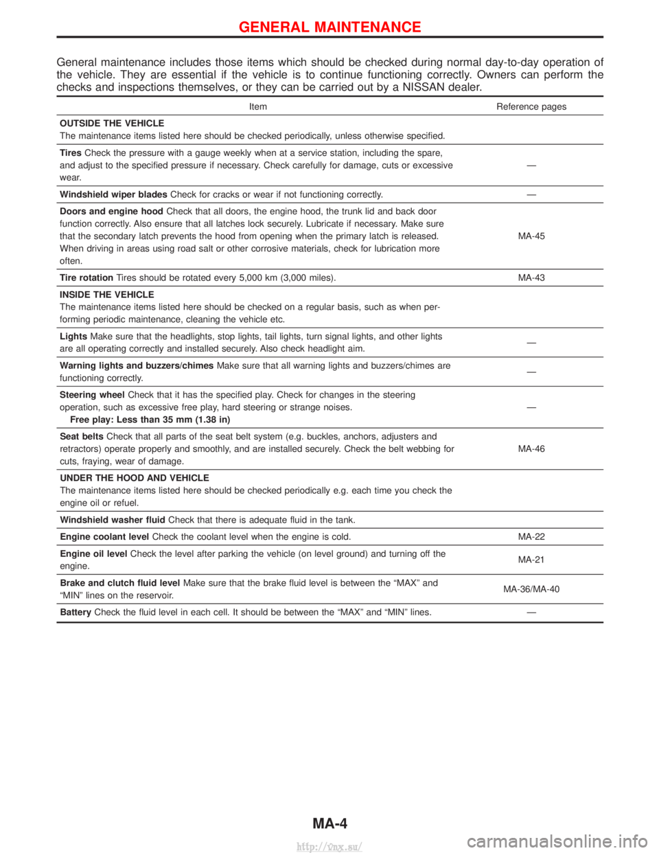 NISSAN TERRANO 2004 Service Repair Manual General maintenance includes those items which should be checked during normal day-to-day operation of
the vehicle. They are essential if the vehicle is to continue functioning correctly. Owners can p NISSAN TERRANO 2004 Service Repair Manual General maintenance includes those items which should be checked during normal day-to-day operation of
the vehicle. They are essential if the vehicle is to continue functioning correctly. Owners can p