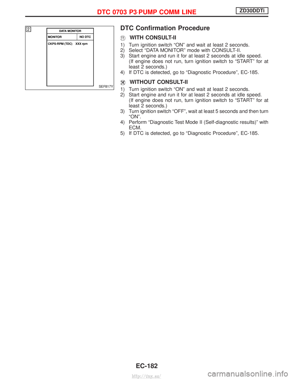 NISSAN TERRANO 2004  Service Repair Manual DTC Confirmation Procedure
WITH CONSULT-II
1) Turn ignition switch ªONº and wait at least 2 seconds.
2) Select ªDATA MONITORº mode with CONSULT-II.
3) Start engine and run it for at least 2 second