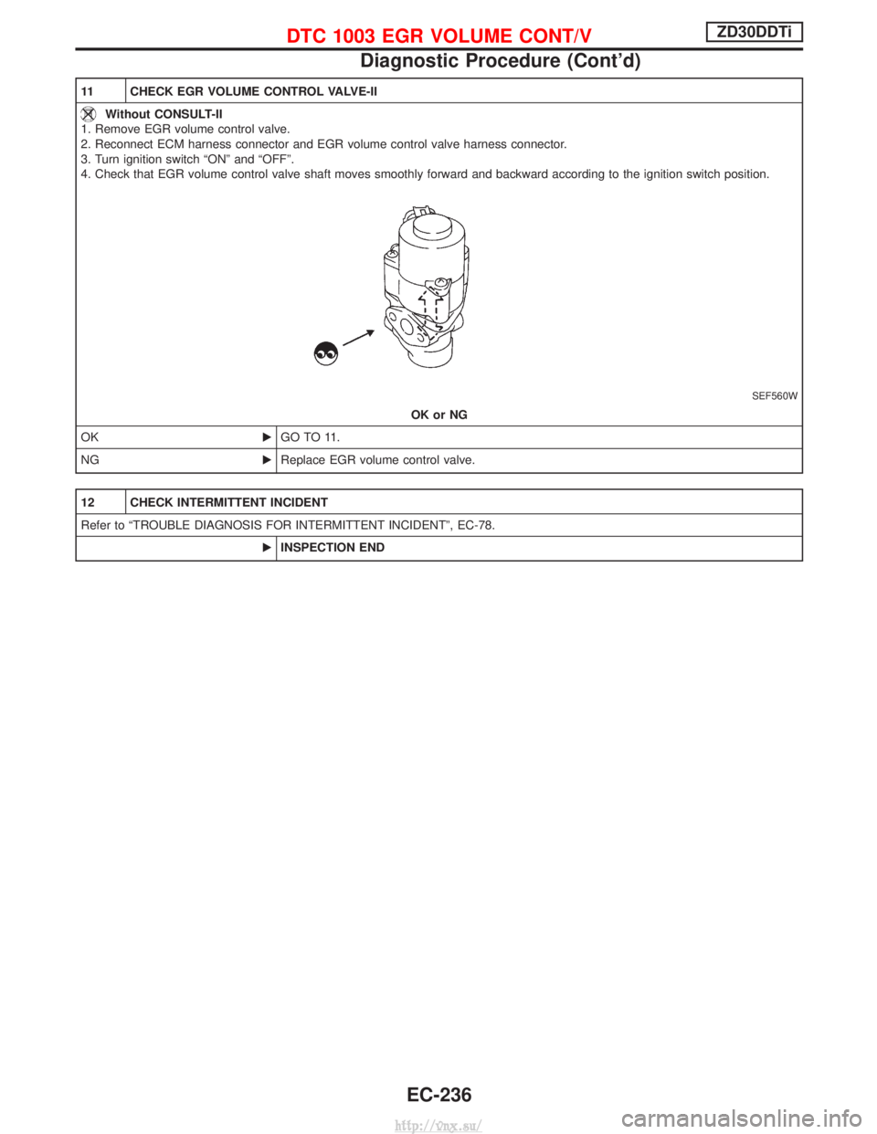 NISSAN TERRANO 2004  Service Repair Manual 11 CHECK EGR VOLUME CONTROL VALVE-II
Without CONSULT-II
1. Remove EGR volume control valve.
2. Reconnect ECM harness connector and EGR volume control valve harness connector.
3. Turn ignition switch 