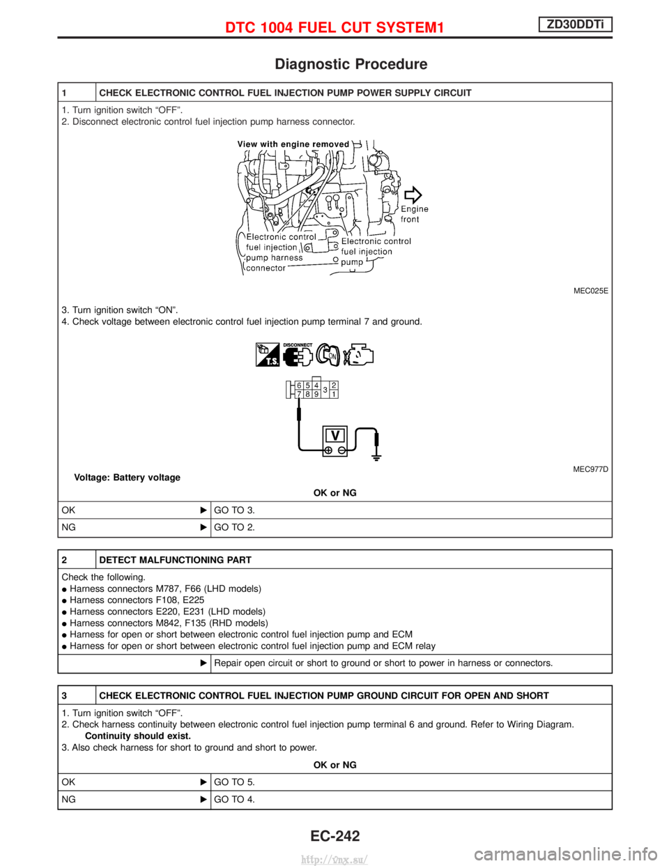 NISSAN TERRANO 2004  Service Repair Manual Diagnostic Procedure
1 CHECK ELECTRONIC CONTROL FUEL INJECTION PUMP POWER SUPPLY CIRCUIT
1. Turn ignition switch ªOFFº.
2. Disconnect electronic control fuel injection pump harness connector.
MEC025