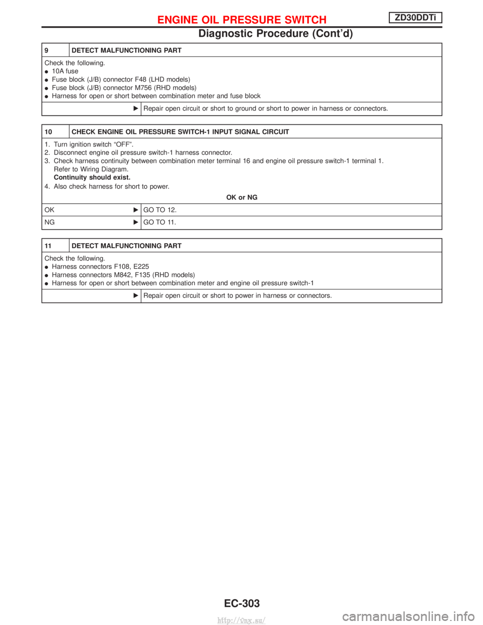 NISSAN TERRANO 2004 Service Repair Manual 9 DETECT MALFUNCTIONING PART
Check the following.
I10A fuse
I Fuse block (J/B) connector F48 (LHD models)
I Fuse block (J/B) connector M756 (RHD models)
I Harness for open or short between combination NISSAN TERRANO 2004 Service Repair Manual 9 DETECT MALFUNCTIONING PART
Check the following.
I10A fuse
I Fuse block (J/B) connector F48 (LHD models)
I Fuse block (J/B) connector M756 (RHD models)
I Harness for open or short between combination
