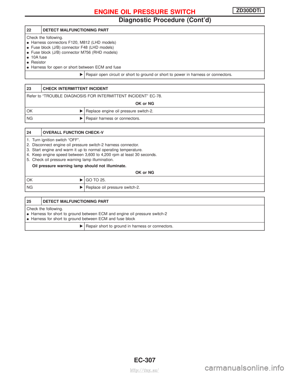 NISSAN TERRANO 2004 Service Repair Manual 22 DETECT MALFUNCTIONING PART
Check the following.
IHarness connectors F120, M812 (LHD models)
I Fuse block (J/B) connector F48 (LHD models)
I Fuse block (J/B) connector M756 (RHD models)
I 10A fuse
I NISSAN TERRANO 2004 Service Repair Manual 22 DETECT MALFUNCTIONING PART
Check the following.
IHarness connectors F120, M812 (LHD models)
I Fuse block (J/B) connector F48 (LHD models)
I Fuse block (J/B) connector M756 (RHD models)
I 10A fuse
I