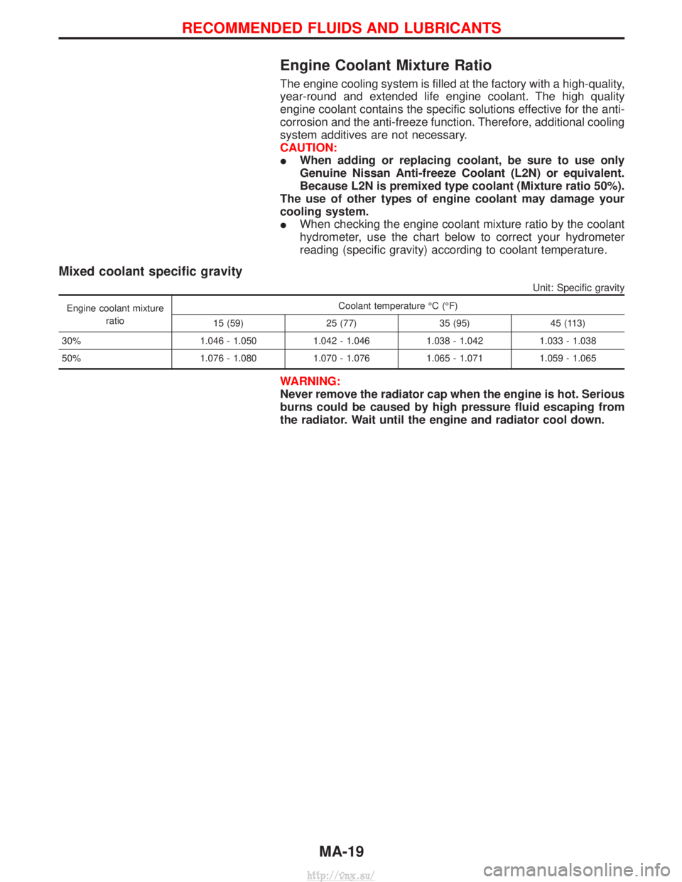 NISSAN TERRANO 2004 Service Repair Manual Engine Coolant Mixture Ratio
The engine cooling system is filled at the factory with a high-quality,
year-round and extended life engine coolant. The high quality
engine coolant contains the specific NISSAN TERRANO 2004 Service Repair Manual Engine Coolant Mixture Ratio
The engine cooling system is filled at the factory with a high-quality,
year-round and extended life engine coolant. The high quality
engine coolant contains the specific