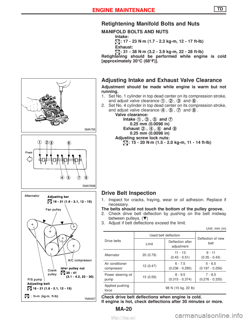 NISSAN TERRANO 2004 Service Repair Manual Retightening Manifold Bolts and Nuts
MANIFOLD BOLTS AND NUTS
Intake:
:17-23N×m (1.7 - 2.3 kg-m, 12 - 17 ft-lb)
Exhaust:
:31-38N ×m (3.2 - 3.9 kg-m, 22 - 28 ft-lb)
Retightening should be performed wh NISSAN TERRANO 2004 Service Repair Manual Retightening Manifold Bolts and Nuts
MANIFOLD BOLTS AND NUTS
Intake:
:17-23N×m (1.7 - 2.3 kg-m, 12 - 17 ft-lb)
Exhaust:
:31-38N ×m (3.2 - 3.9 kg-m, 22 - 28 ft-lb)
Retightening should be performed wh