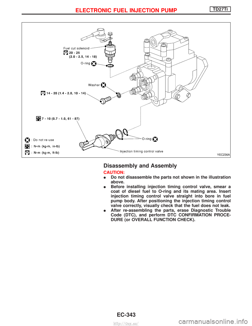 NISSAN TERRANO 2004  Service Repair Manual Disassembly and Assembly
CAUTION:
IDo not disassemble the parts not shown in the illustration
above.
I Before installing injection timing control valve, smear a
coat of diesel fuel to O-ring and its m