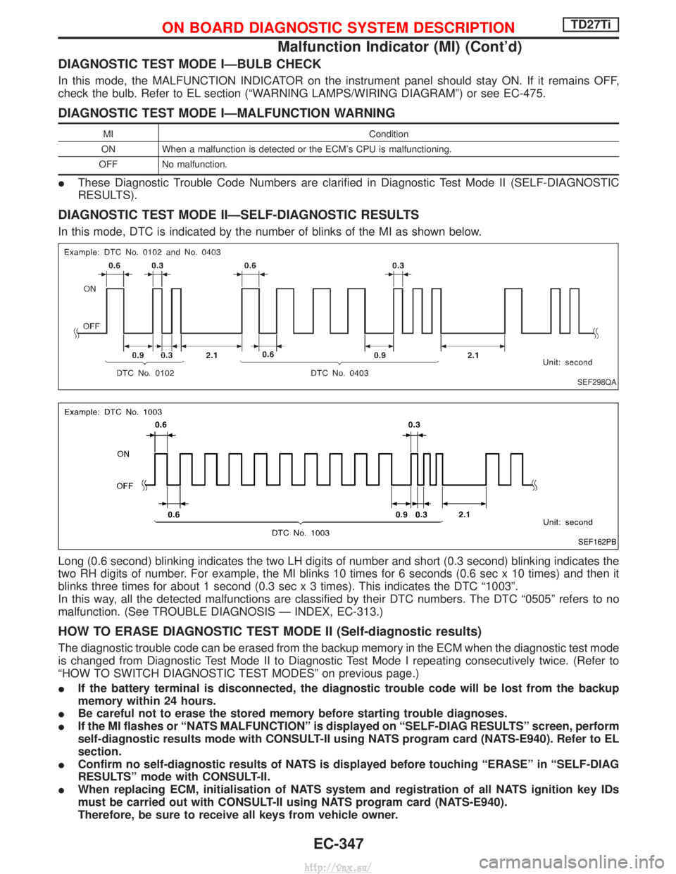 NISSAN TERRANO 2004 Service Repair Manual DIAGNOSTIC TEST MODE IÐBULB CHECK
In this mode, the MALFUNCTION INDICATOR on the instrument panel should stay ON. If it remains OFF,
check the bulb. Refer to EL section (ªWARNING LAMPS/WIRING DIAGRA NISSAN TERRANO 2004 Service Repair Manual DIAGNOSTIC TEST MODE IÐBULB CHECK
In this mode, the MALFUNCTION INDICATOR on the instrument panel should stay ON. If it remains OFF,
check the bulb. Refer to EL section (ªWARNING LAMPS/WIRING DIAGRA