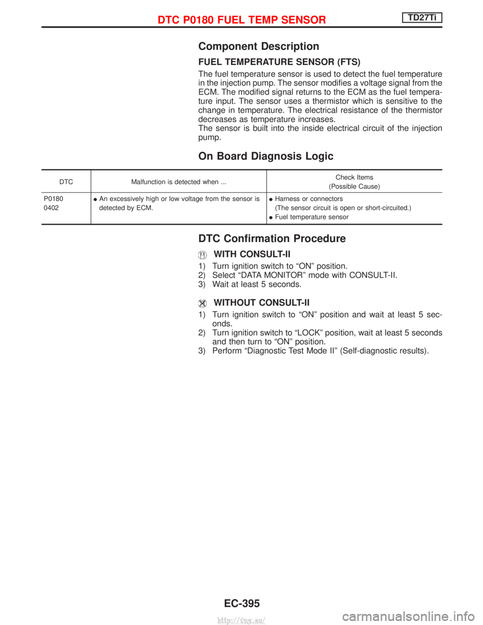 NISSAN TERRANO 2004  Service Repair Manual Component Description
FUEL TEMPERATURE SENSOR (FTS)
The fuel temperature sensor is used to detect the fuel temperature
in the injection pump. The sensor modifies a voltage signal from the
ECM. The mod