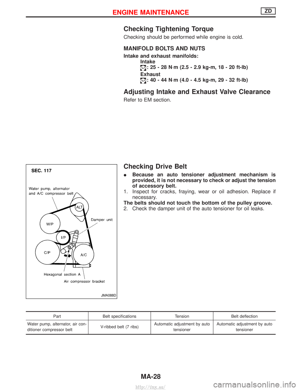 NISSAN TERRANO 2004  Service Repair Manual Checking Tightening Torque
Checking should be performed while engine is cold.
MANIFOLD BOLTS AND NUTS
Intake and exhaust manifolds:Intake
:25-28N ×m (2.5 - 2.9 kg-m, 18 - 20 ft-lb)
Exhaust
:40-44N ×