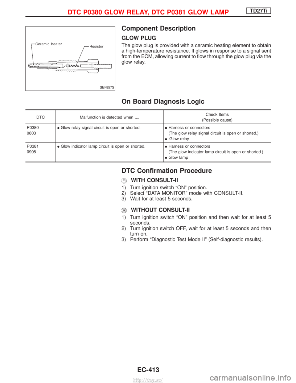 NISSAN TERRANO 2004 Service Repair Manual Component Description
GLOW PLUG
The glow plug is provided with a ceramic heating element to obtain
a high-temperature resistance. It glows in response to a signal sent
from the ECM, allowing current t NISSAN TERRANO 2004 Service Repair Manual Component Description
GLOW PLUG
The glow plug is provided with a ceramic heating element to obtain
a high-temperature resistance. It glows in response to a signal sent
from the ECM, allowing current t