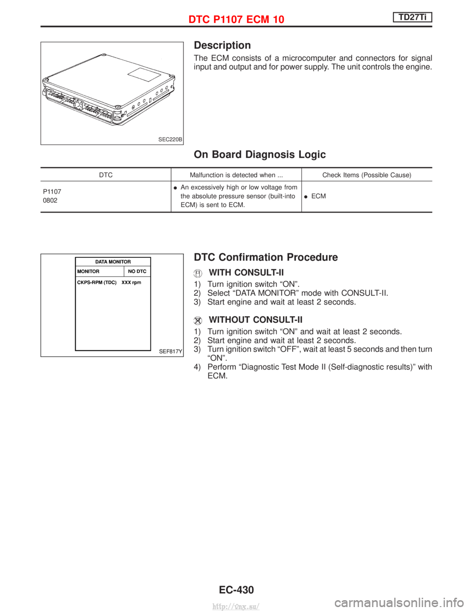 NISSAN TERRANO 2004  Service Repair Manual Description
The ECM consists of a microcomputer and connectors for signal
input and output and for power supply. The unit controls the engine.
On Board Diagnosis Logic
DTCMalfunction is detected when 