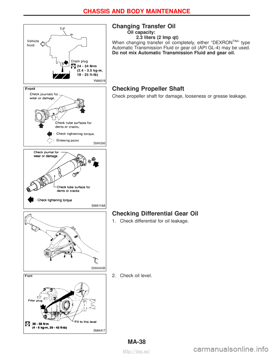 NISSAN TERRANO 2004  Service Repair Manual Changing Transfer Oil
Oil capacity:2.3 liters (2 Imp qt)
When changing transfer oil completely, either ªDEXRON
TMº type
Automatic Transmission Fluid or gear oil (API GL-4) may be used.
Do not mix Au