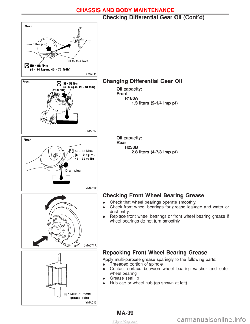 NISSAN TERRANO 2004  Service Repair Manual Changing Differential Gear Oil
Oil capacity:
FrontR180A1.3 liters (2-1/4 Imp pt)
Oil capacity:
Rear H233B2.8 liters (4-7/8 Imp pt)
Checking Front Wheel Bearing Grease
I Check that wheel bearings opera