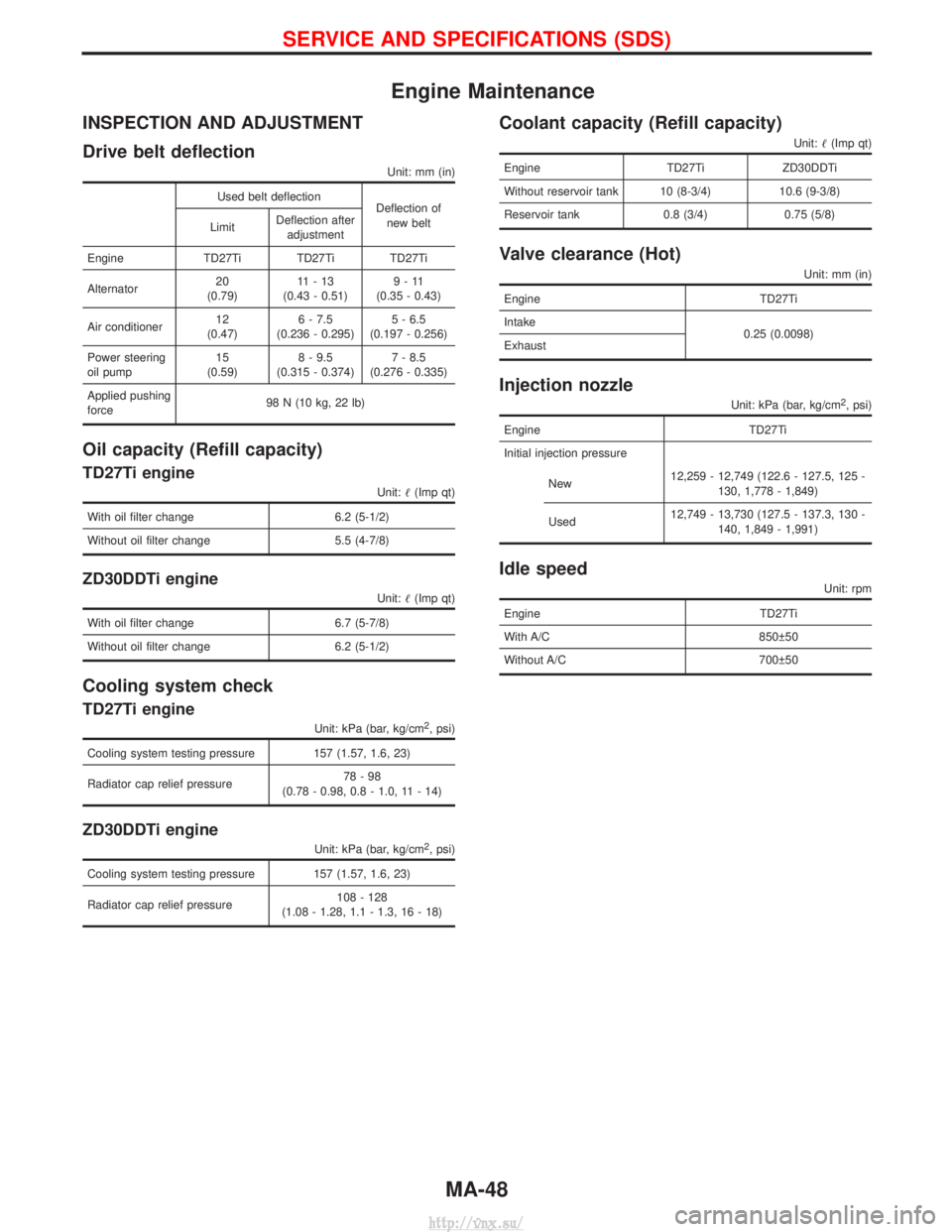 NISSAN TERRANO 2004 Service Repair Manual Engine Maintenance
INSPECTION AND ADJUSTMENT
Drive belt deflection
Unit: mm (in)
Used belt deflectionDeflection of
new belt
Limit Deflection after
adjustment
Engine TD27Ti TD27Ti TD27Ti
Alternator 20
NISSAN TERRANO 2004 Service Repair Manual Engine Maintenance
INSPECTION AND ADJUSTMENT
Drive belt deflection
Unit: mm (in)
Used belt deflectionDeflection of
new belt
Limit Deflection after
adjustment
Engine TD27Ti TD27Ti TD27Ti
Alternator 20