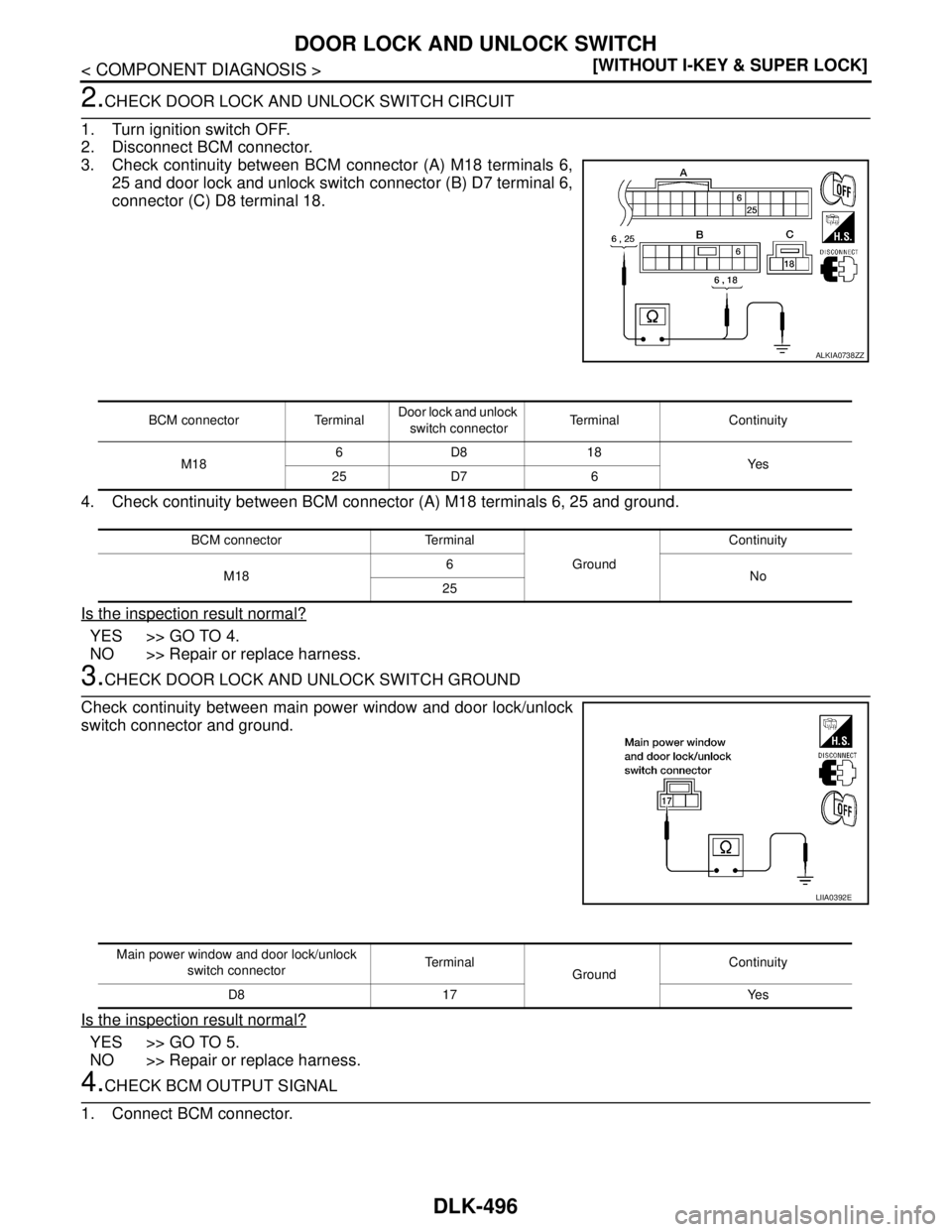 NISSAN TIIDA 2007  Service Repair Manual DLK-496
< COMPONENT DIAGNOSIS >[WITHOUT I-KEY & SUPER LOCK]
DOOR LOCK AND UNLOCK SWITCH
2.CHECK DOOR LOCK AND UNLOCK SWITCH CIRCUIT
1. Turn ignition switch OFF.
2. Disconnect BCM connector.
3. Check c