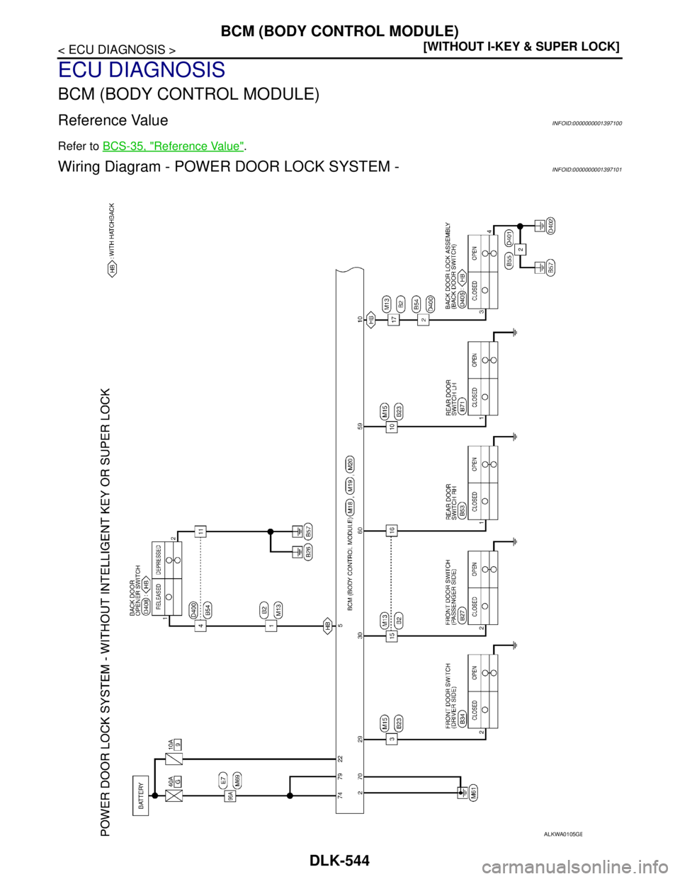 NISSAN TIIDA 2007  Service Repair Manual DLK-544
< ECU DIAGNOSIS >[WITHOUT I-KEY & SUPER LOCK]
BCM (BODY CONTROL MODULE)
ECU DIAGNOSIS
BCM (BODY CONTROL MODULE)
Reference ValueINFOID:0000000001397100
Refer to BCS-35, "Reference Value".
Wirin