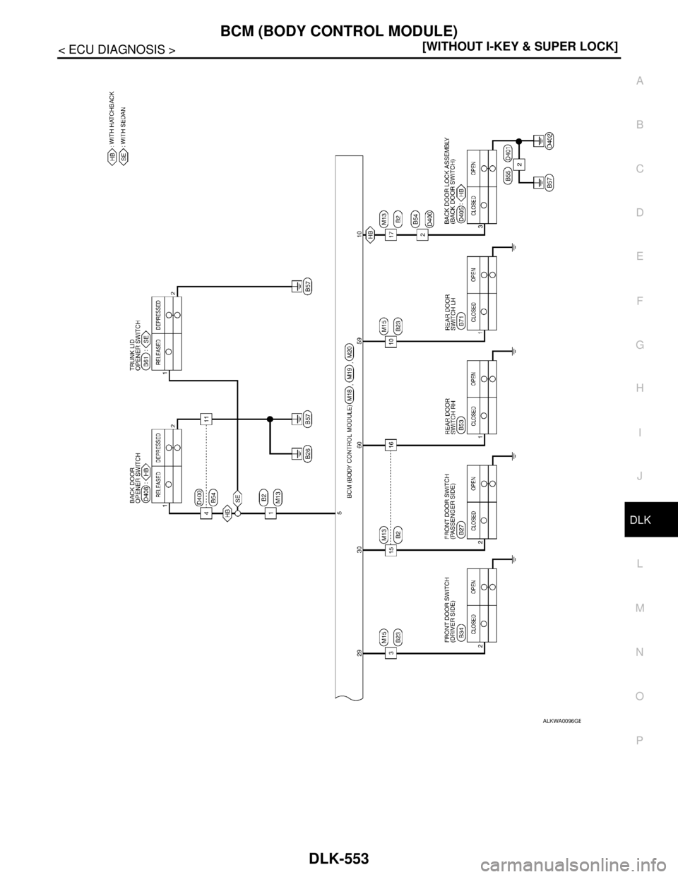 NISSAN TIIDA 2007  Service Repair Manual BCM (BODY CONTROL MODULE)
DLK-553
< ECU DIAGNOSIS >[WITHOUT I-KEY & SUPER LOCK]
C
D
E
F
G
H
I
J
L
MA
B
DLK
N
O
P
ALKWA0096GB 