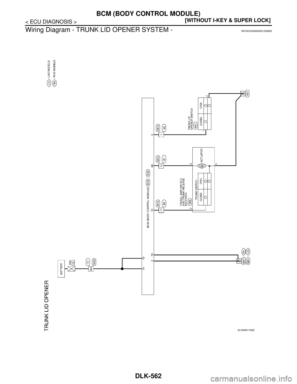 NISSAN TIIDA 2007  Service Repair Manual DLK-562
< ECU DIAGNOSIS >[WITHOUT I-KEY & SUPER LOCK]
BCM (BODY CONTROL MODULE)
Wiring Diagram - TRUNK LID OPENER SYSTEM -
INFOID:0000000001530839
ALKWA0119GB 