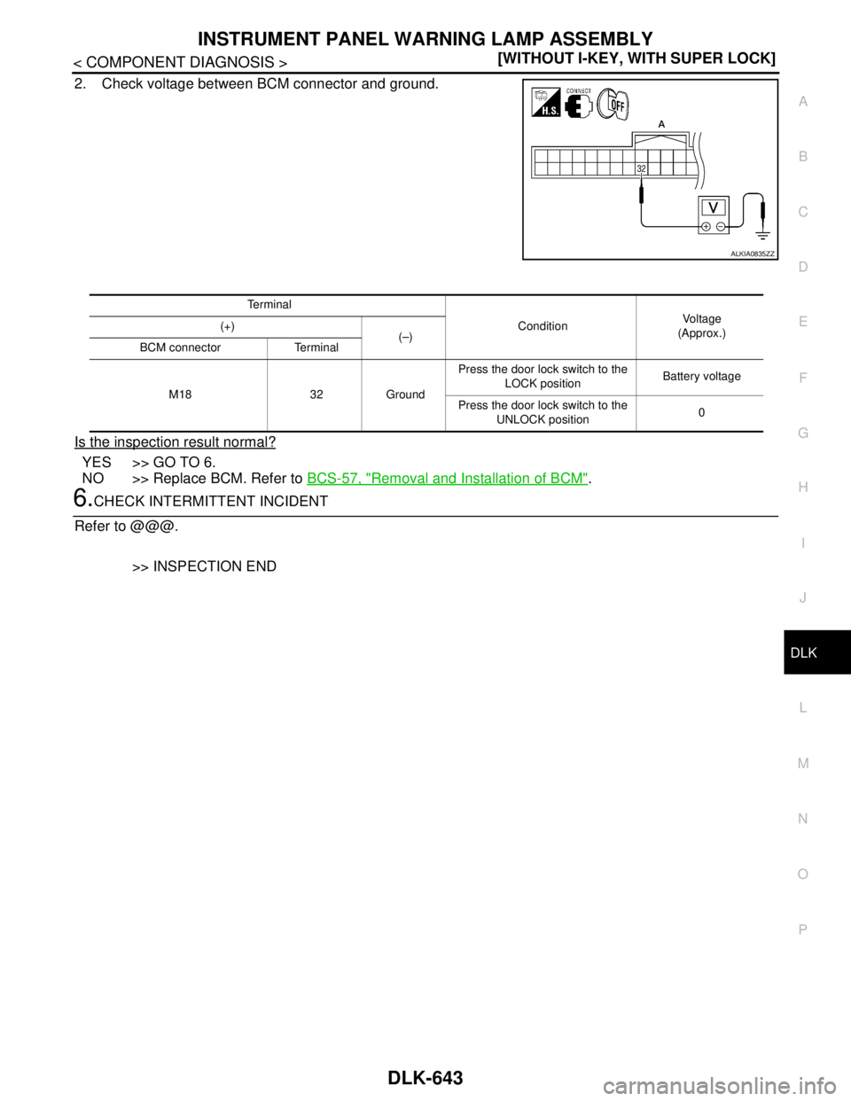 NISSAN TIIDA 2007  Service Repair Manual INSTRUMENT PANEL WARNING LAMP ASSEMBLY
DLK-643
< COMPONENT DIAGNOSIS >[WITHOUT I-KEY, WITH SUPER LOCK]
C
D
E
F
G
H
I
J
L
MA
B
DLK
N
O
P
2. Check voltage between BCM connector and ground.
Is the inspec