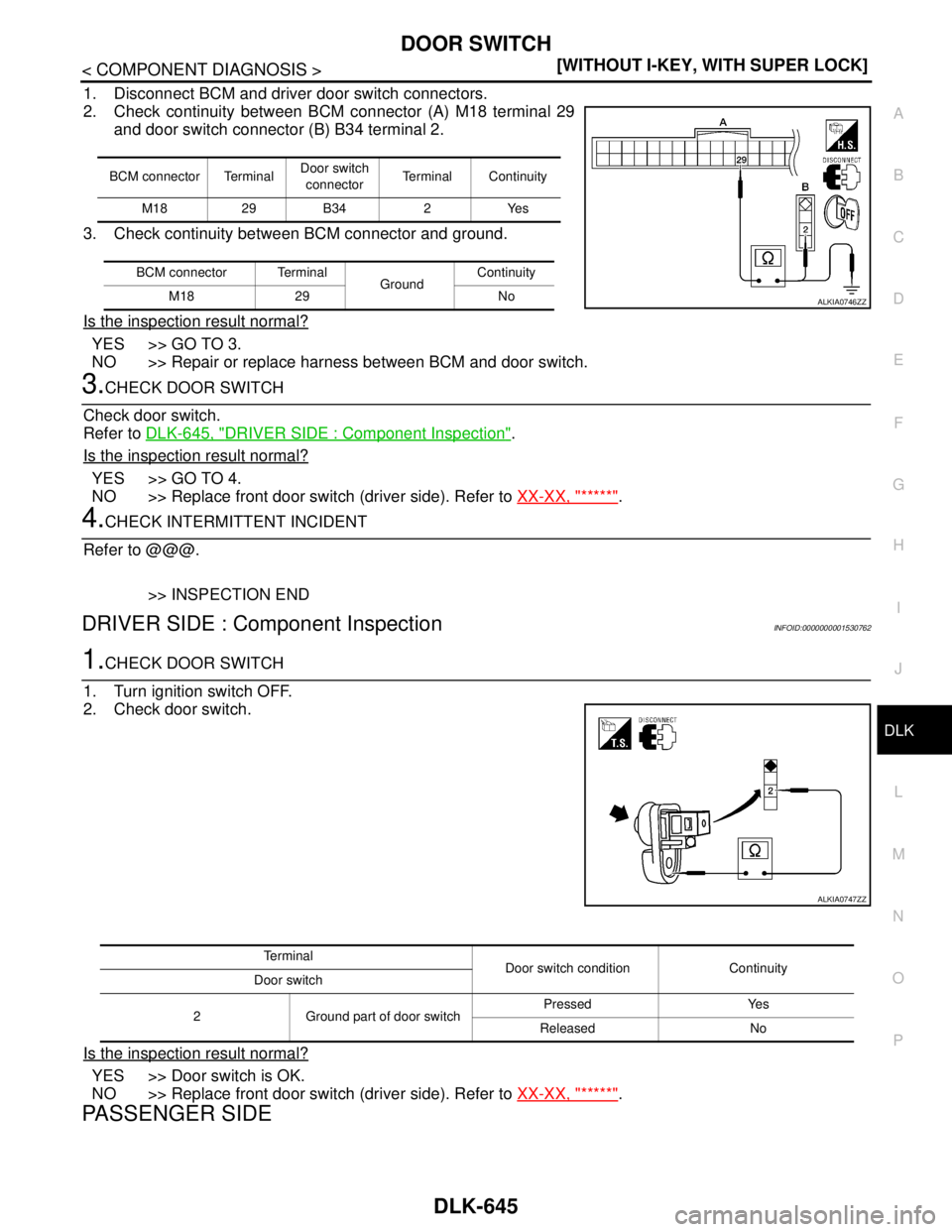 NISSAN TIIDA 2007  Service Repair Manual DOOR SWITCH
DLK-645
< COMPONENT DIAGNOSIS >[WITHOUT I-KEY, WITH SUPER LOCK]
C
D
E
F
G
H
I
J
L
MA
B
DLK
N
O
P
1. Disconnect BCM and driver door switch connectors.
2. Check continuity between BCM connec