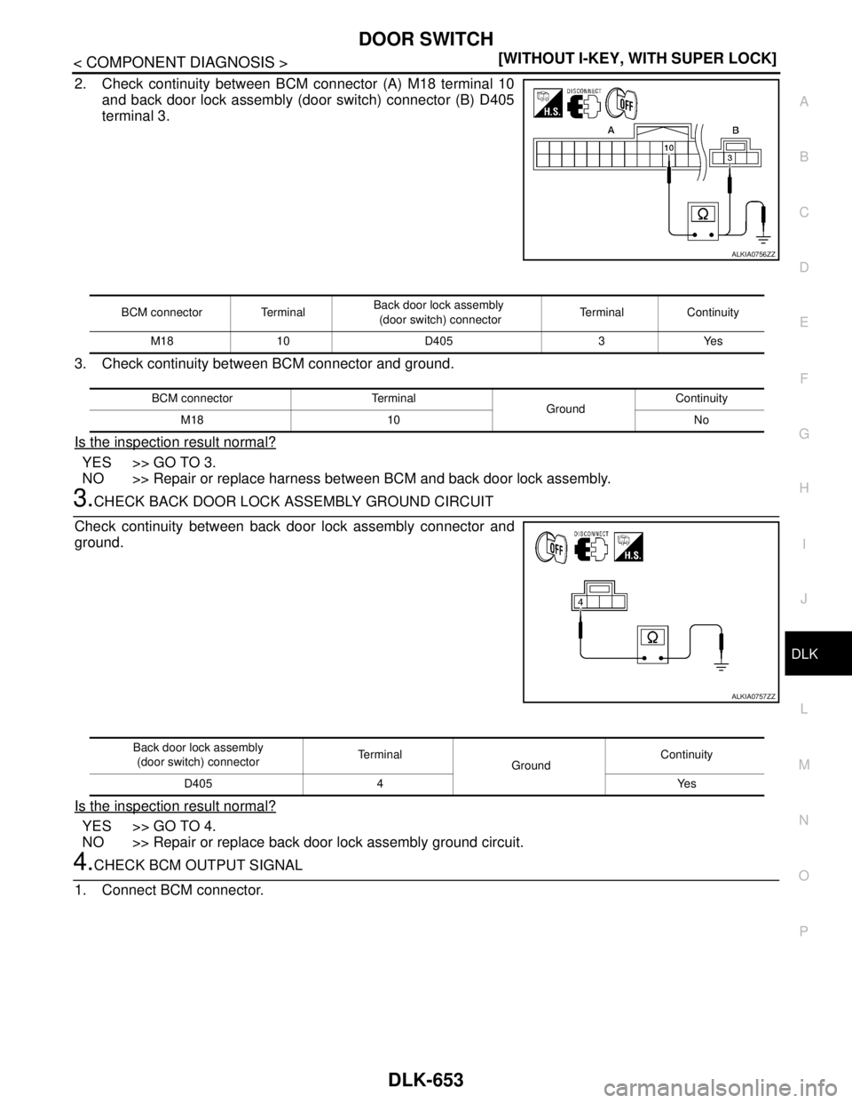 NISSAN TIIDA 2007  Service Repair Manual DOOR SWITCH
DLK-653
< COMPONENT DIAGNOSIS >[WITHOUT I-KEY, WITH SUPER LOCK]
C
D
E
F
G
H
I
J
L
MA
B
DLK
N
O
P
2. Check continuity between BCM connector (A) M18 terminal 10
and back door lock assembly (