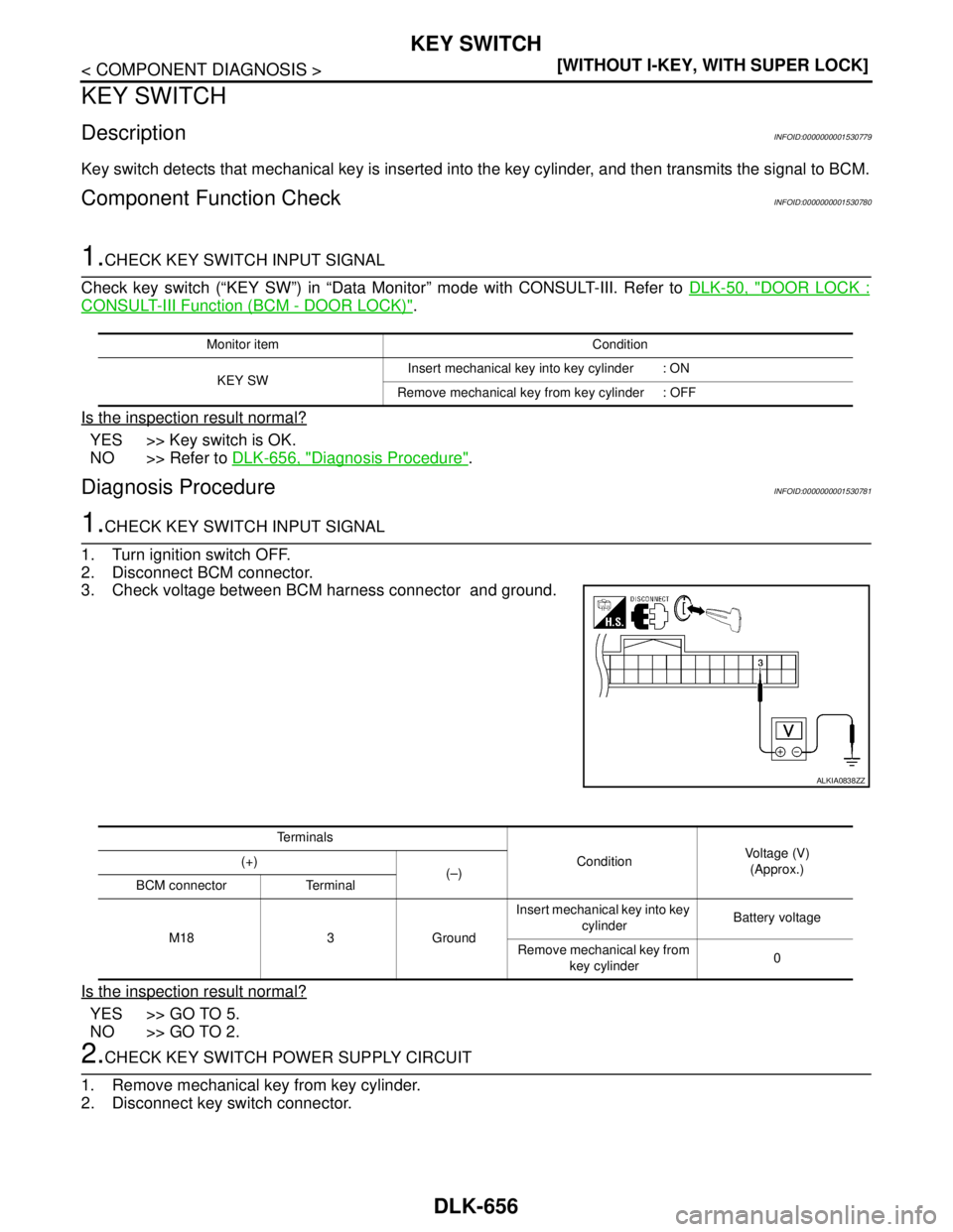 NISSAN TIIDA 2007  Service Repair Manual DLK-656
< COMPONENT DIAGNOSIS >[WITHOUT I-KEY, WITH SUPER LOCK]
KEY SWITCH
KEY SWITCH
DescriptionINFOID:0000000001530779
Key switch detects that mechanical key is inserted into the key cylinder, and t