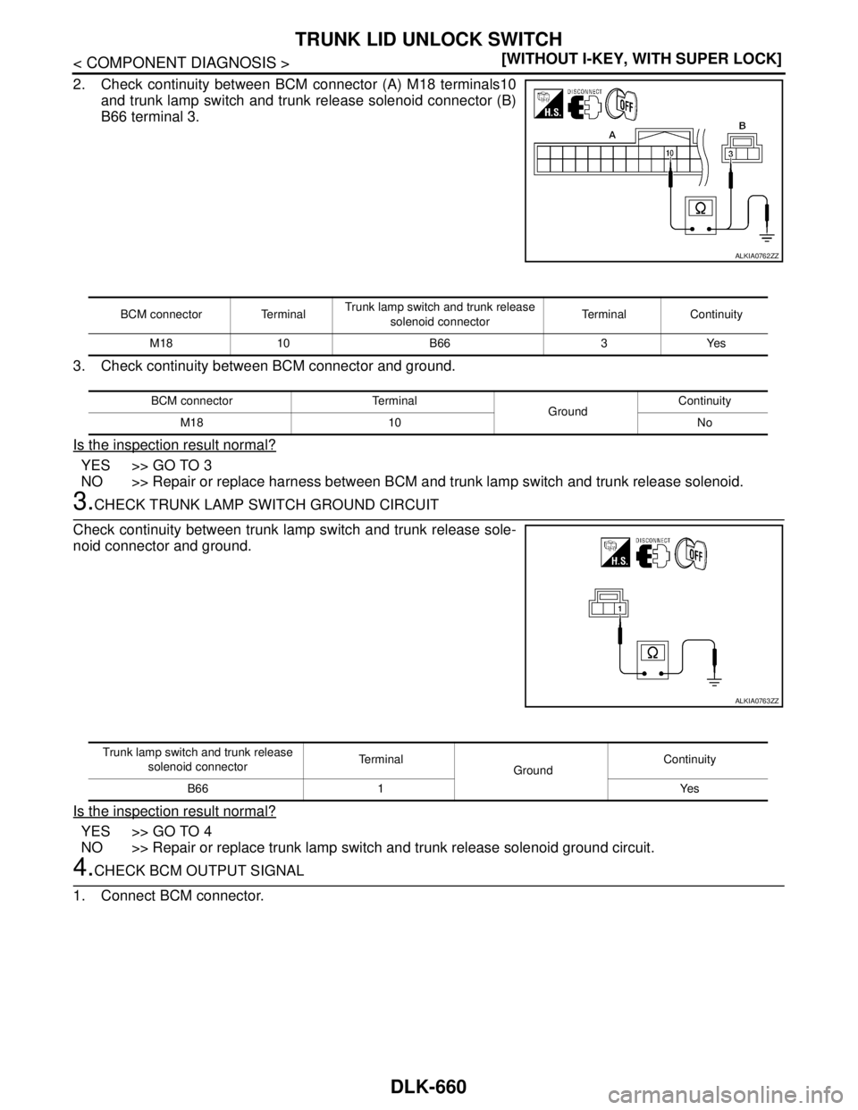 NISSAN TIIDA 2007  Service Repair Manual DLK-660
< COMPONENT DIAGNOSIS >[WITHOUT I-KEY, WITH SUPER LOCK]
TRUNK LID UNLOCK SWITCH
2. Check continuity between BCM connector (A) M18 terminals10
and trunk lamp switch and trunk release solenoid c