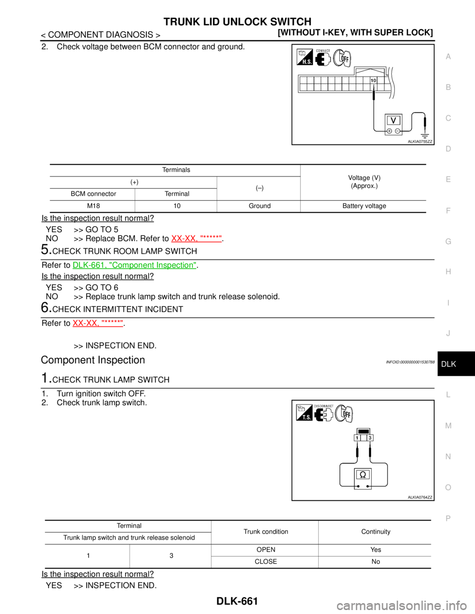 NISSAN TIIDA 2007  Service Repair Manual TRUNK LID UNLOCK SWITCH
DLK-661
< COMPONENT DIAGNOSIS >[WITHOUT I-KEY, WITH SUPER LOCK]
C
D
E
F
G
H
I
J
L
MA
B
DLK
N
O
P
2. Check voltage between BCM connector and ground.
Is the inspection result nor