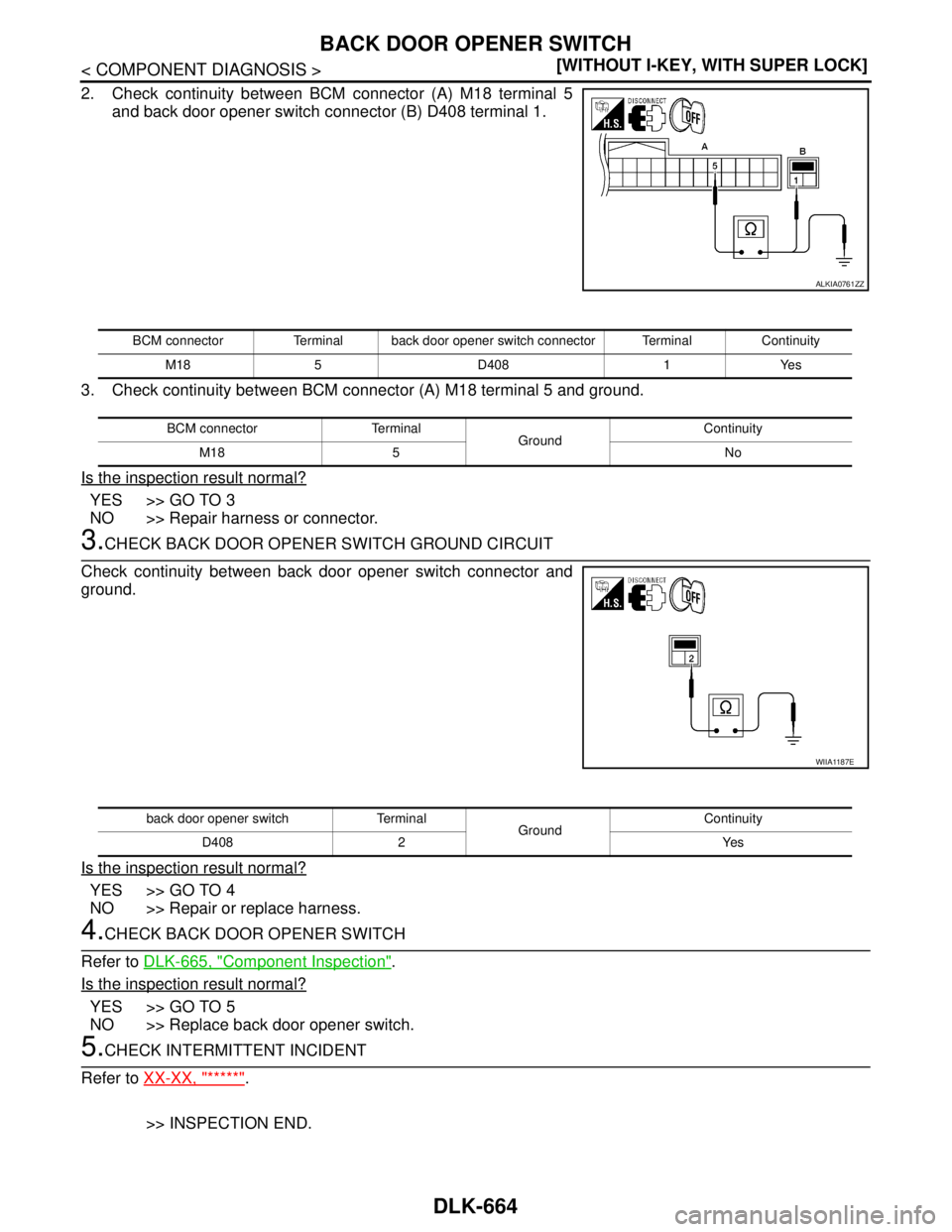 NISSAN TIIDA 2007  Service Repair Manual DLK-664
< COMPONENT DIAGNOSIS >[WITHOUT I-KEY, WITH SUPER LOCK]
BACK DOOR OPENER SWITCH
2. Check continuity between BCM connector (A) M18 terminal 5
and back door opener switch connector (B) D408 term