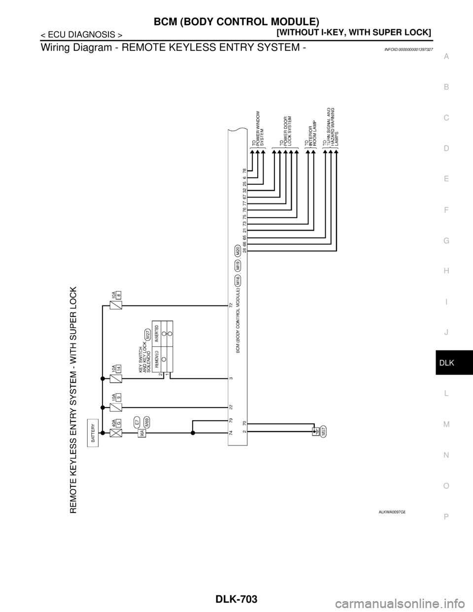 NISSAN TIIDA 2007  Service Repair Manual BCM (BODY CONTROL MODULE)
DLK-703
< ECU DIAGNOSIS >[WITHOUT I-KEY, WITH SUPER LOCK]
C
D
E
F
G
H
I
J
L
MA
B
DLK
N
O
P
Wiring Diagram - REMOTE KEYLESS ENTRY SYSTEM -INFOID:0000000001397327
ALKWA0097GB 