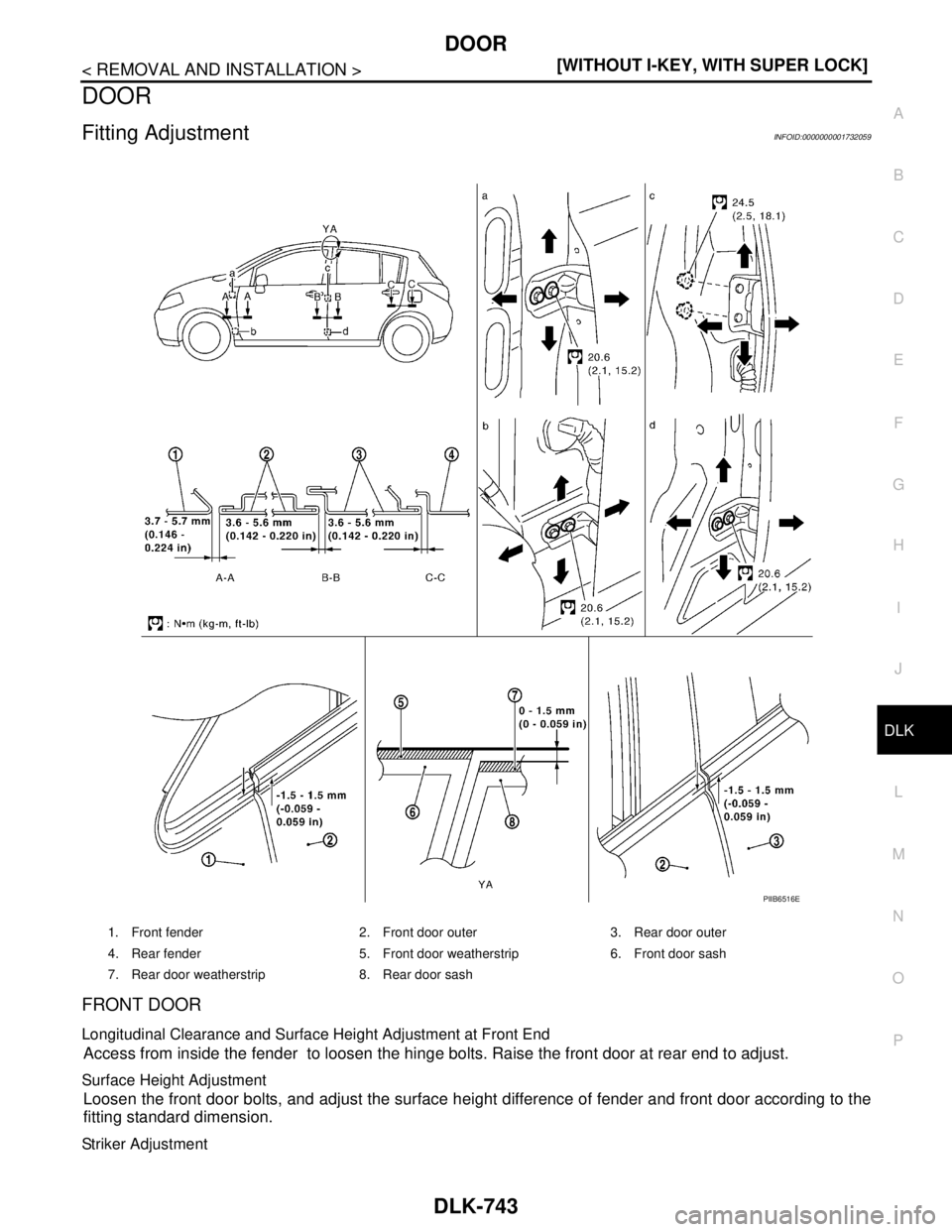 NISSAN TIIDA 2007  Service Repair Manual DOOR
DLK-743
< REMOVAL AND INSTALLATION >[WITHOUT I-KEY, WITH SUPER LOCK]
C
D
E
F
G
H
I
J
L
MA
B
DLK
N
O
P
DOOR
Fitting AdjustmentINFOID:0000000001732059
FRONT DOOR
Longitudinal Clearance and Surface 