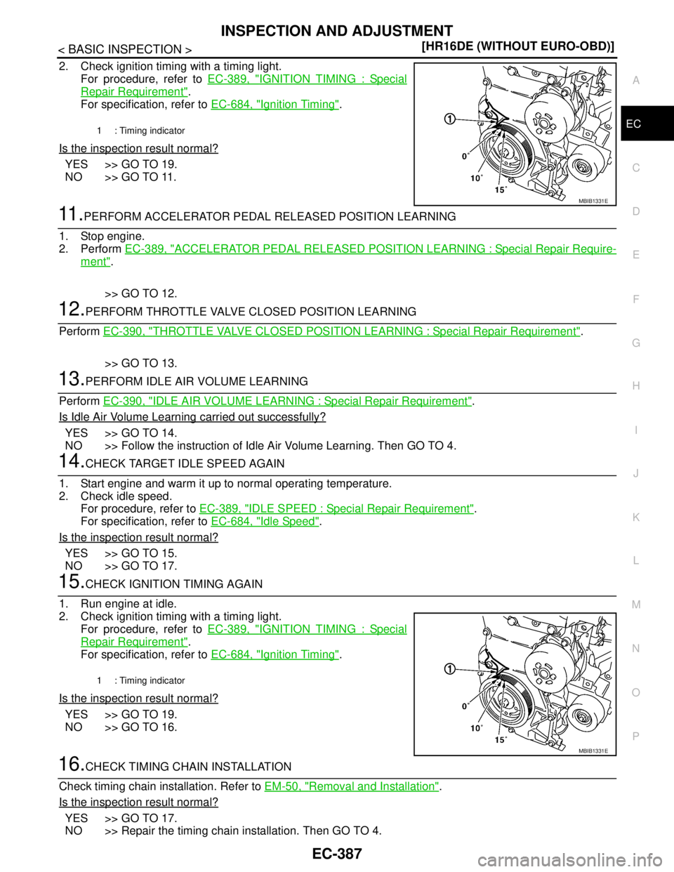 NISSAN TIIDA 2007  Service Repair Manual INSPECTION AND ADJUSTMENT
EC-387
< BASIC INSPECTION >[HR16DE (WITHOUT EURO-OBD)]
C
D
E
F
G
H
I
J
K
L
MA
EC
N
P O
2. Check ignition timing with a timing light.
For procedure, refer to EC-389, "
IGNITIO