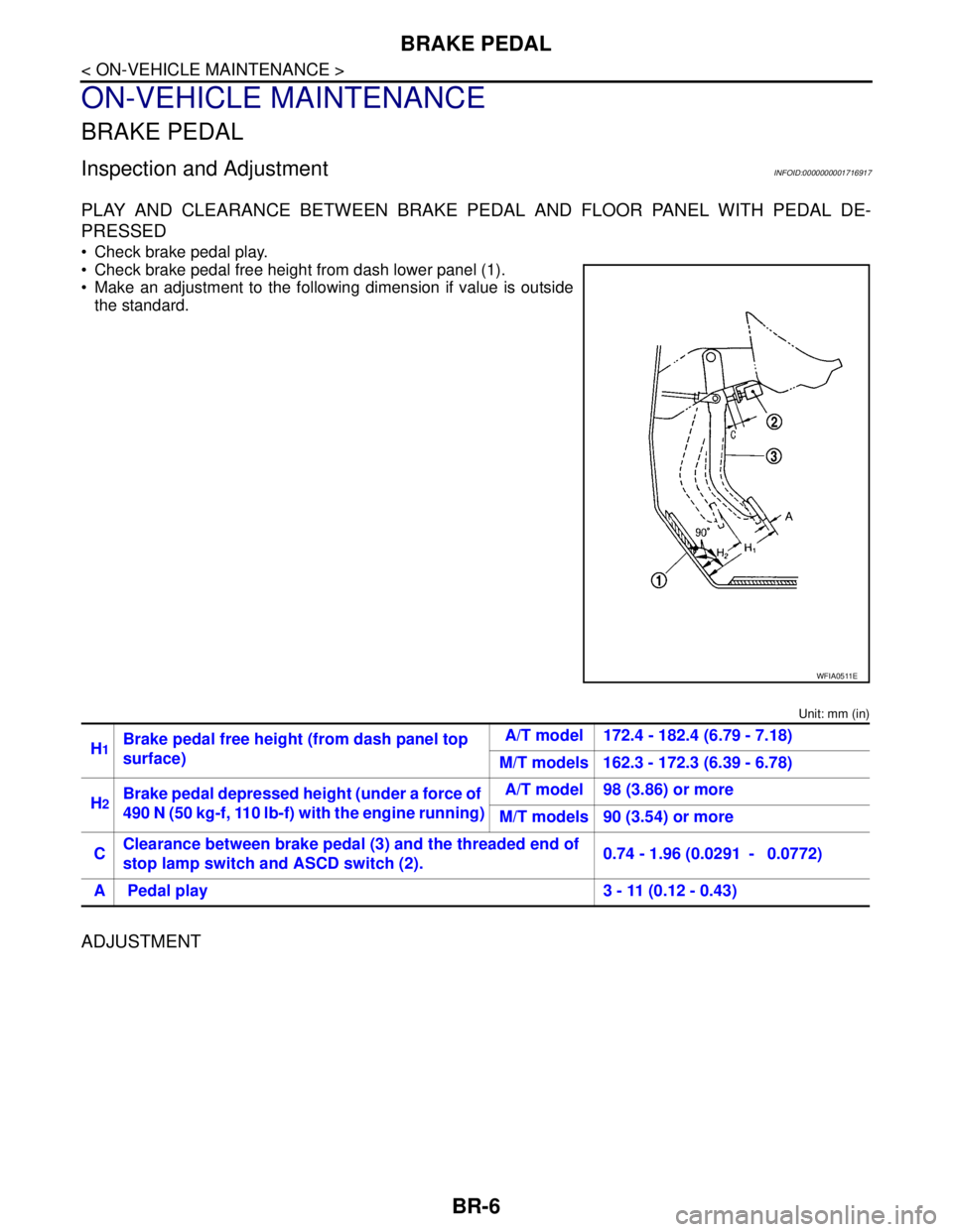 NISSAN TIIDA 2007  Service Repair Manual BR-6
< ON-VEHICLE MAINTENANCE >
BRAKE PEDAL
ON-VEHICLE MAINTENANCE
BRAKE PEDAL
Inspection and AdjustmentINFOID:0000000001716917
PLAY AND CLEARANCE BETWEEN BRAKE PEDAL AND FLOOR PANEL WITH PEDAL DE-
PR