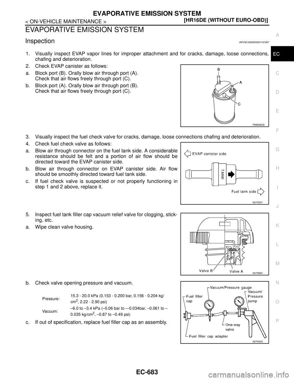 NISSAN TIIDA 2007  Service Repair Manual EVAPORATIVE EMISSION SYSTEM
EC-683
< ON-VEHICLE MAINTENANCE >[HR16DE (WITHOUT EURO-OBD)]
C
D
E
F
G
H
I
J
K
L
MA
EC
N
P O
EVAPORATIVE EMISSION SYSTEM
InspectionINFOID:0000000001161697
1. Visually inspe
