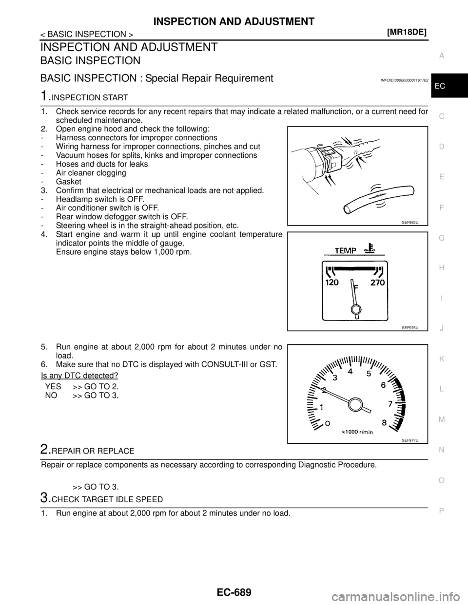 NISSAN TIIDA 2007  Service Repair Manual INSPECTION AND ADJUSTMENT
EC-689
< BASIC INSPECTION >[MR18DE]
C
D
E
F
G
H
I
J
K
L
MA
EC
N
P O
INSPECTION AND ADJUSTMENT
BASIC INSPECTION
BASIC INSPECTION : Special Repair RequirementINFOID:00000000011