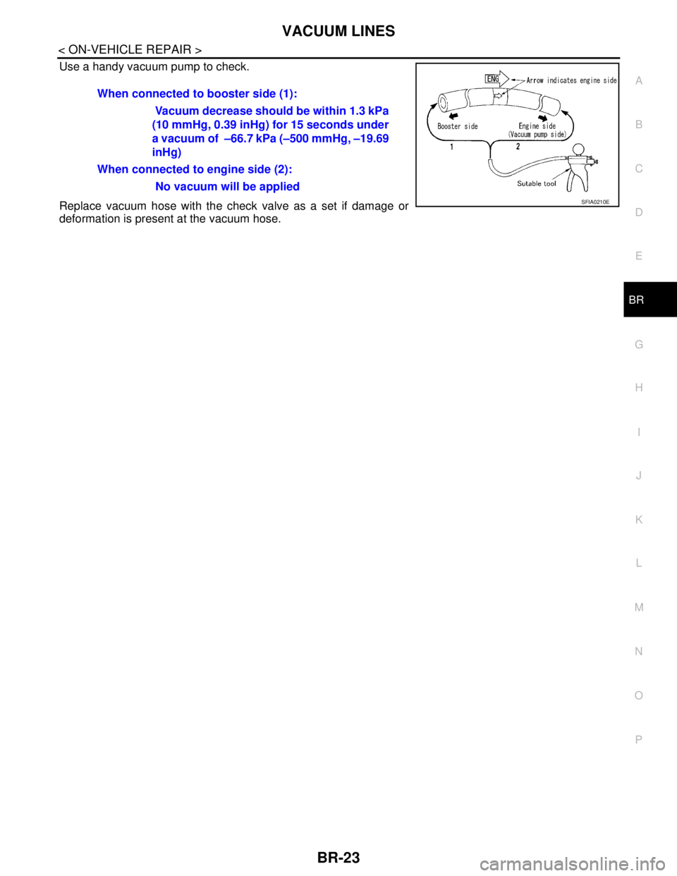 NISSAN TIIDA 2007  Service Repair Manual VACUUM LINES
BR-23
< ON-VEHICLE REPAIR >
C
D
E
G
H
I
J
K
L
MA
B
BR
N
O
P
Use a handy vacuum pump to check.
Replace vacuum hose with the check valve as a set if damage or
deformation is present at the 