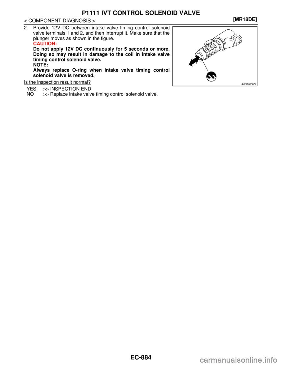 NISSAN TIIDA 2007  Service Repair Manual EC-884
< COMPONENT DIAGNOSIS >[MR18DE]
P1111 IVT CONTROL SOLENOID VALVE
2. Provide 12V DC between intake valve timing control solenoid
valve terminals 1 and 2, and then interrupt it. Make sure that th