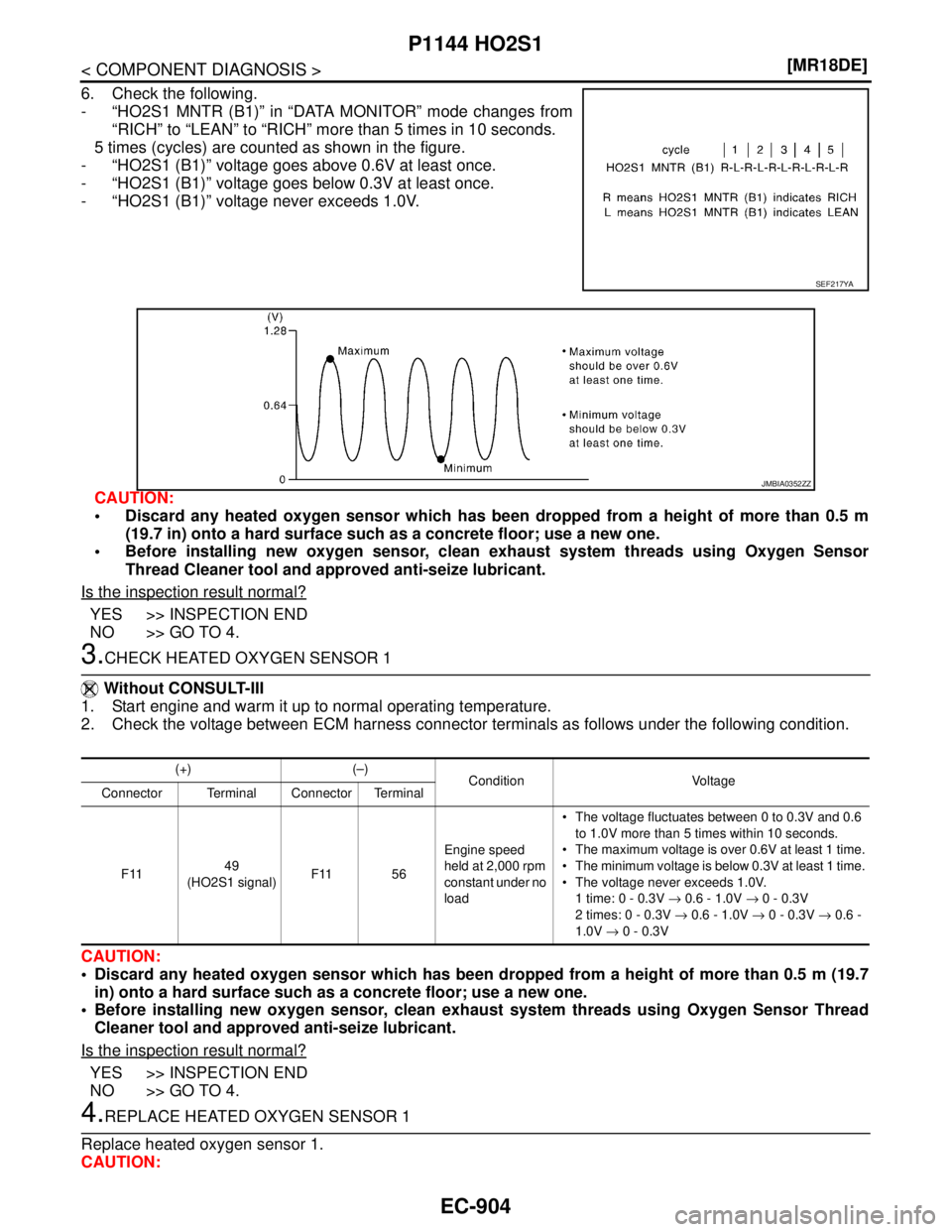 NISSAN TIIDA 2007  Service Repair Manual EC-904
< COMPONENT DIAGNOSIS >[MR18DE]
P1144 HO2S1
6. Check the following.
- “HO2S1 MNTR (B1)” in “DATA MONITOR” mode changes from
“RICH” to “LEAN” to “RICH” more than 5 times in 1