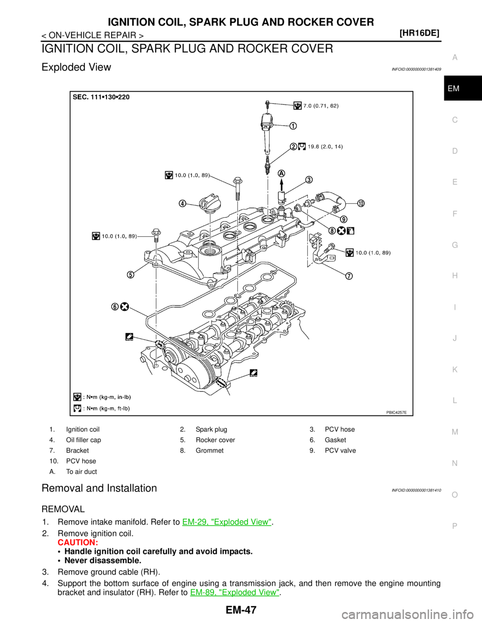 NISSAN TIIDA 2007  Service Repair Manual IGNITION COIL, SPARK PLUG AND ROCKER COVER
EM-47
< ON-VEHICLE REPAIR >[HR16DE]
C
D
E
F
G
H
I
J
K
L
MA
EM
N
P O
IGNITION COIL, SPARK PLUG AND ROCKER COVER
Exploded ViewINFOID:0000000001381409
Removal a