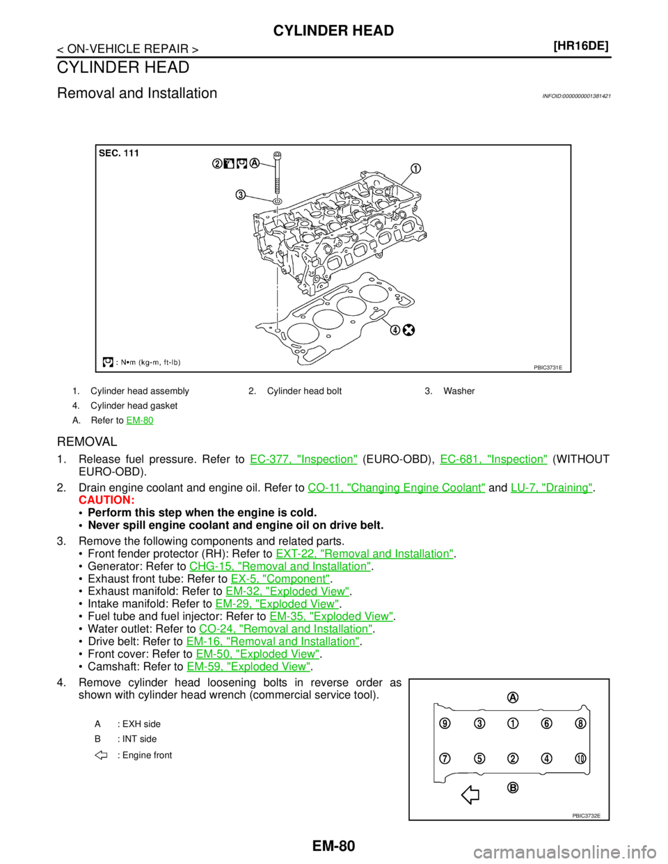 NISSAN TIIDA 2007  Service Repair Manual EM-80
< ON-VEHICLE REPAIR >[HR16DE]
CYLINDER HEAD
CYLINDER HEAD
Removal and InstallationINFOID:0000000001381421
REMOVAL
1. Release fuel pressure. Refer to EC-377, "Inspection" (EURO-OBD), EC-681, "Ins