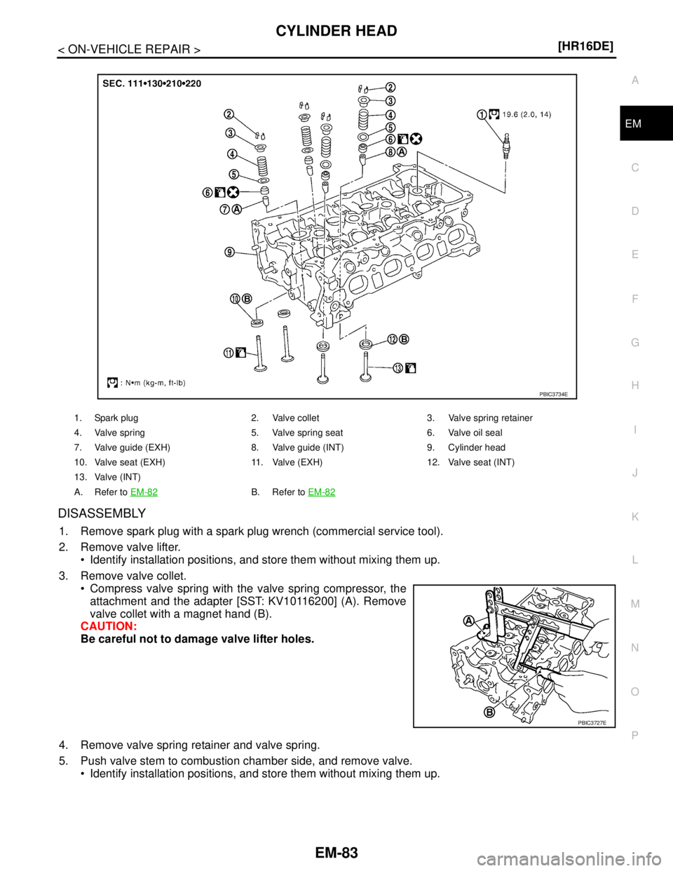 NISSAN TIIDA 2007  Service Repair Manual CYLINDER HEAD
EM-83
< ON-VEHICLE REPAIR >[HR16DE]
C
D
E
F
G
H
I
J
K
L
MA
EM
N
P O
DISASSEMBLY
1. Remove spark plug with a spark plug wrench (commercial service tool).
2. Remove valve lifter.
 Identif