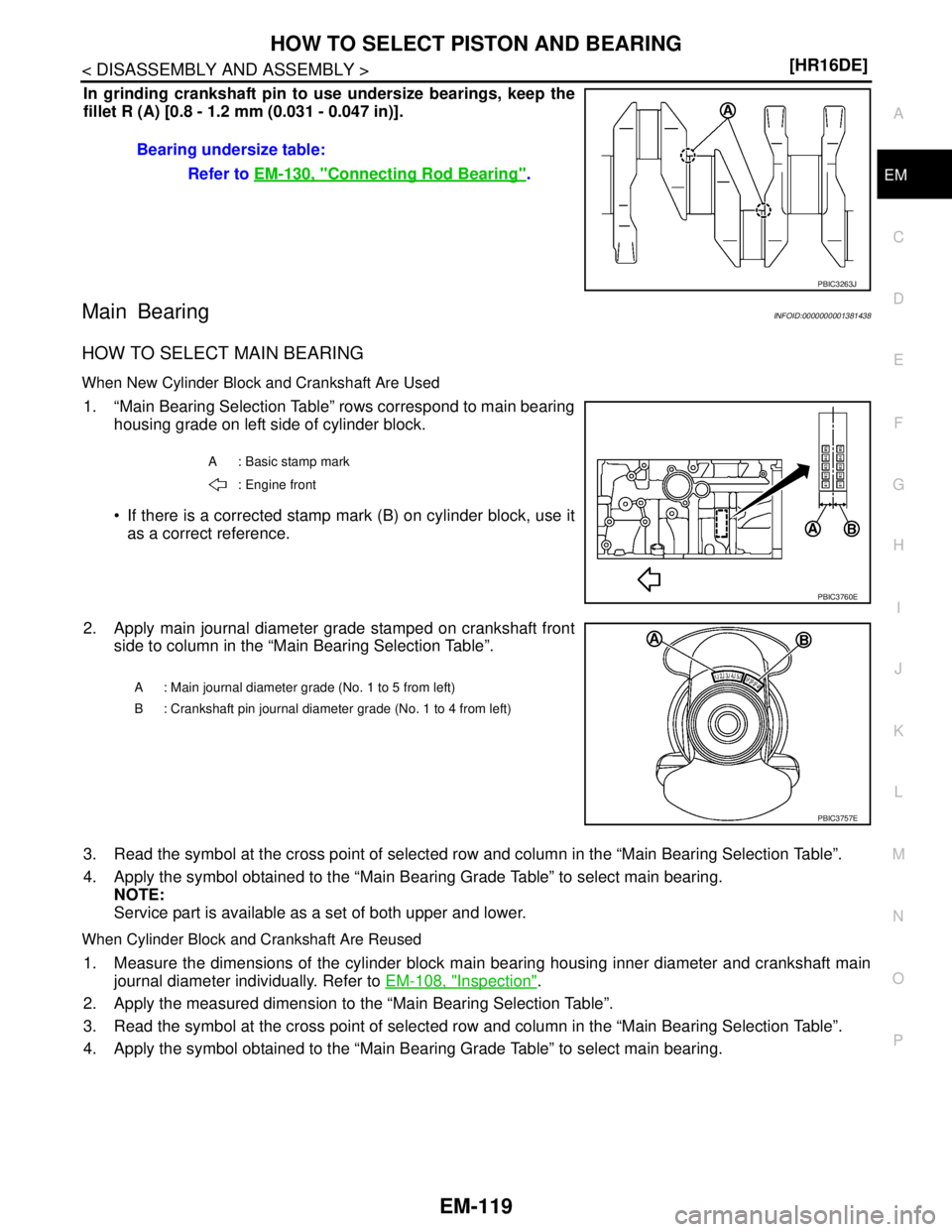 NISSAN TIIDA 2007  Service Repair Manual HOW TO SELECT PISTON AND BEARING
EM-119
< DISASSEMBLY AND ASSEMBLY >[HR16DE]
C
D
E
F
G
H
I
J
K
L
MA
EM
N
P O
In grinding crankshaft pin to use undersize bearings, keep the
fillet R (A) [0.8 - 1.2 mm (