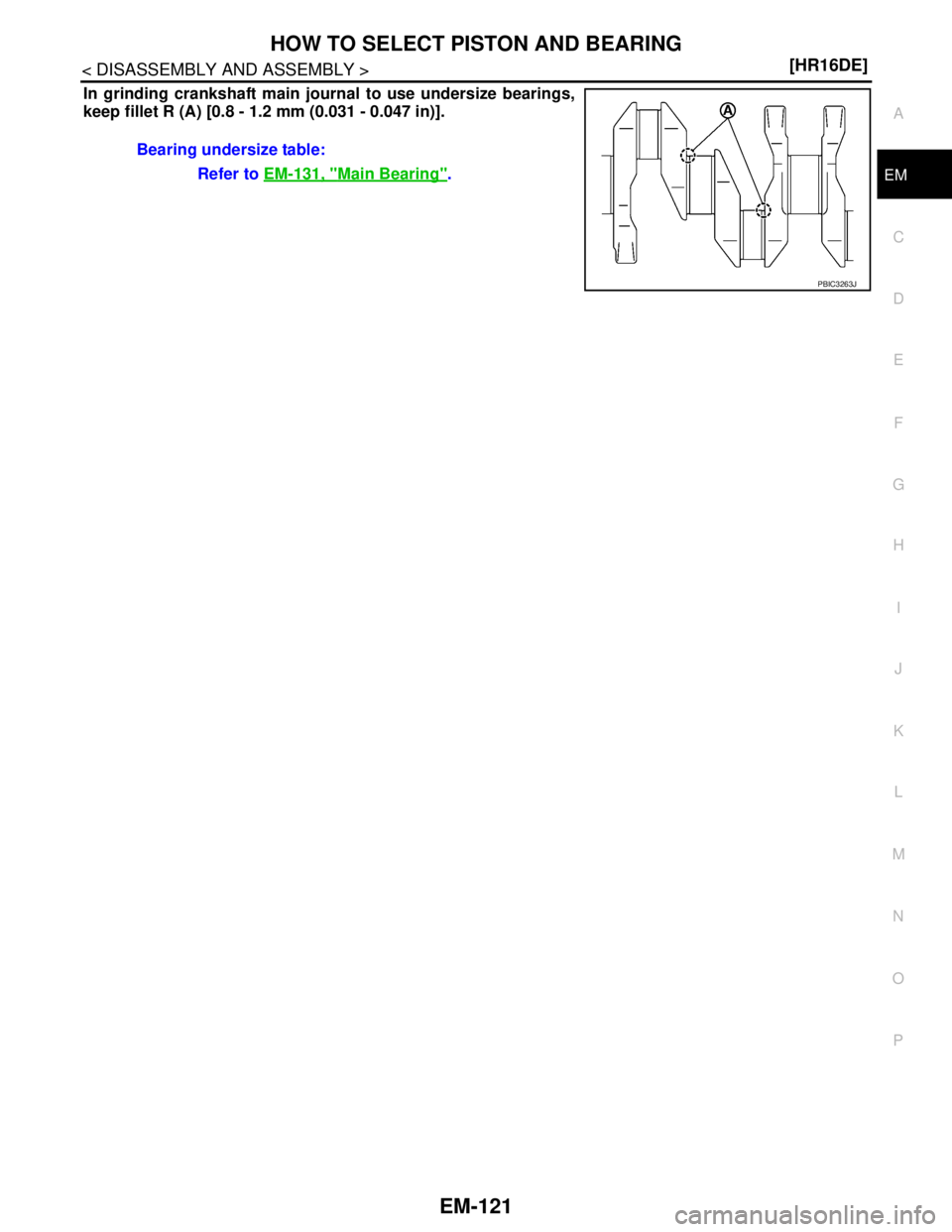 NISSAN TIIDA 2007  Service Repair Manual HOW TO SELECT PISTON AND BEARING
EM-121
< DISASSEMBLY AND ASSEMBLY >[HR16DE]
C
D
E
F
G
H
I
J
K
L
MA
EM
N
P O
In grinding crankshaft main journal to use undersize bearings,
keep fillet R (A) [0.8 - 1.2