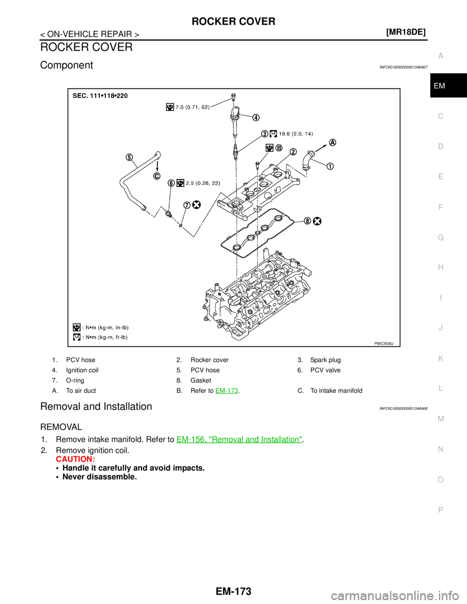 NISSAN TIIDA 2007  Service Repair Manual ROCKER COVER
EM-173
< ON-VEHICLE REPAIR >[MR18DE]
C
D
E
F
G
H
I
J
K
L
MA
EM
N
P O
ROCKER COVER
ComponentINFOID:0000000001346467
Removal and InstallationINFOID:0000000001346468
REMOVAL
1. Remove intake