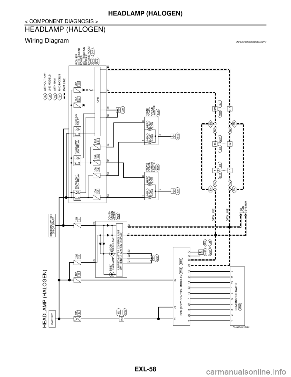 NISSAN TIIDA 2007  Service Repair Manual EXL-58
< COMPONENT DIAGNOSIS >
HEADLAMP (HALOGEN)
HEADLAMP (HALOGEN)
Wiring Diagram INFOID:0000000001523277
ALLWA0043GB 