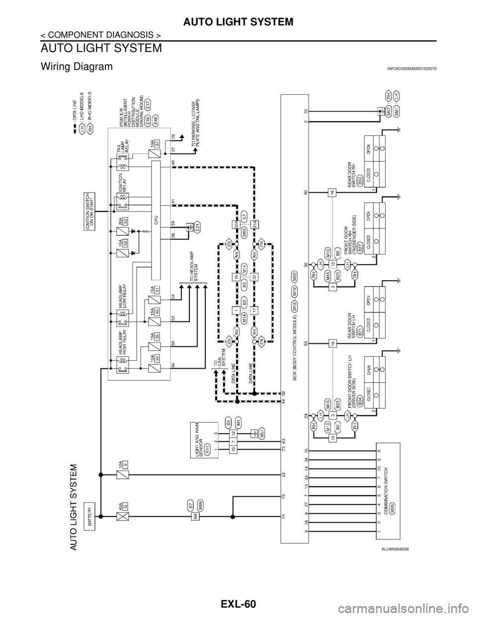 NISSAN TIIDA 2007  Service Repair Manual EXL-60
< COMPONENT DIAGNOSIS >
AUTO LIGHT SYSTEM
AUTO LIGHT SYSTEM
Wiring DiagramINFOID:0000000001523279
ALLWA0045GB 