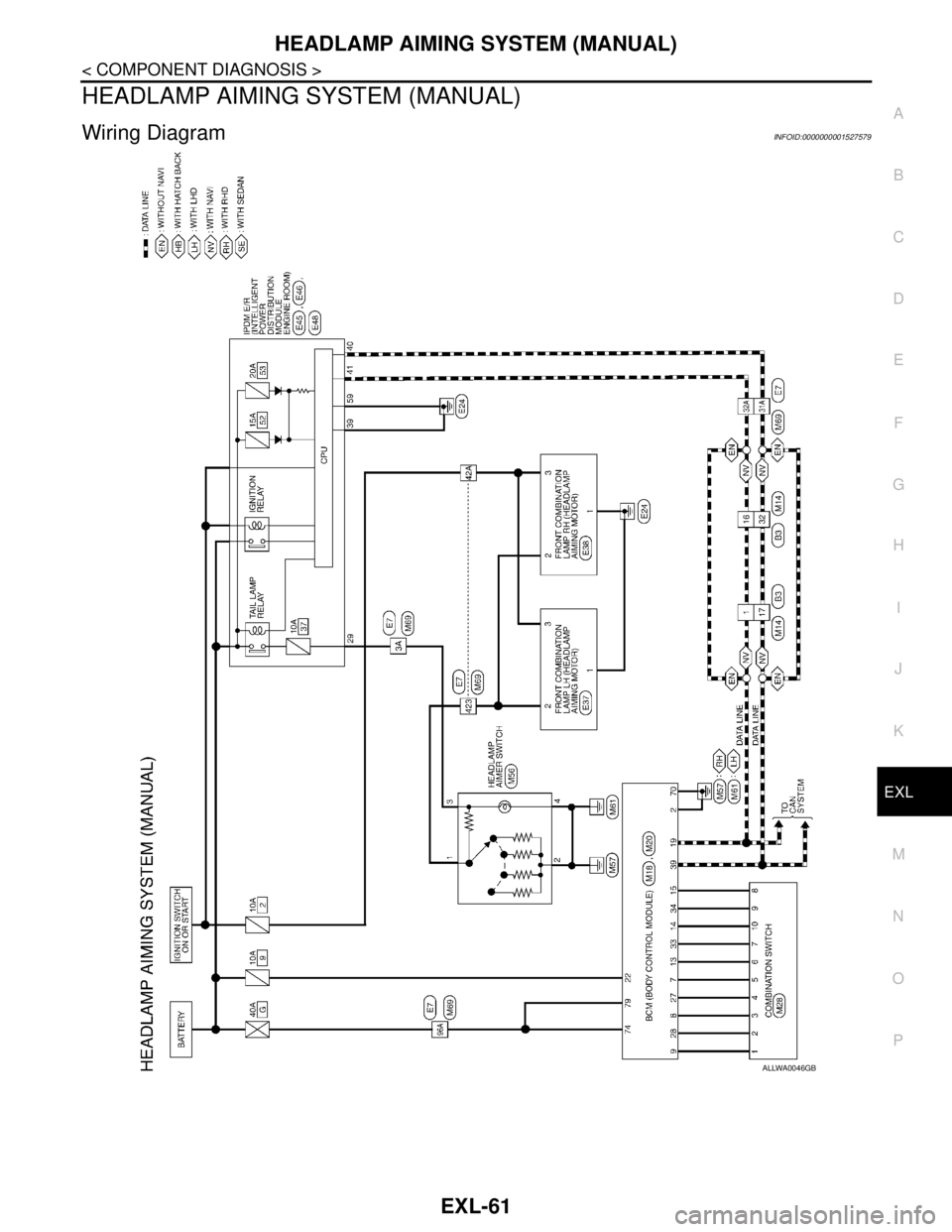 NISSAN TIIDA 2007  Service Repair Manual HEADLAMP AIMING SYSTEM (MANUAL)
EXL-61
< COMPONENT DIAGNOSIS >
C
D
E
F
G
H
I
J
K
MA
B
EXL
N
O
P
HEADLAMP AIMING SYSTEM (MANUAL)
Wiring DiagramINFOID:0000000001527579
ALLWA0046GB 